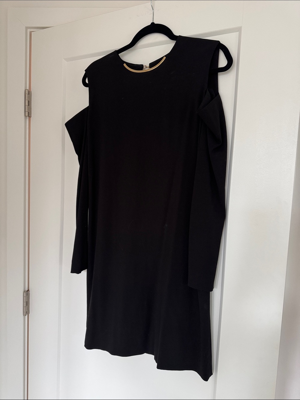 Lanvin Black Cold-Shoulder Shift Dress with Gold Neck Accent